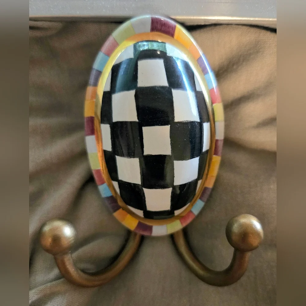 MacKenzie-Childs Black-and-White Checker Hook with Multicolor Rim - Picture 2 of 3